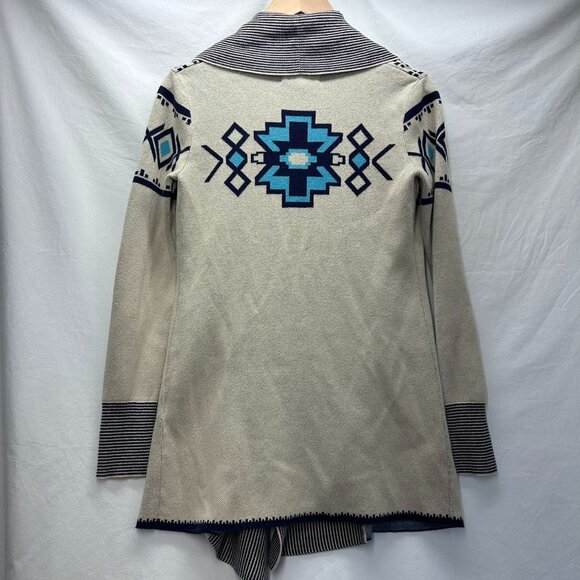 If It Were Me Open Cardigan Sweater Womens Size S Cream Blue Aztec 100% Cotton - Picture 2 of 10